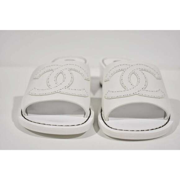 Chanel 22S White Calfskin Leather CC Logo Mules Slide Sandal Block Heel Flat 37 - Picture 6 of 12
